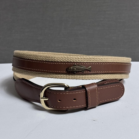 Other - Zep Pro Belt Mens 42 Brown Cotton Canvas Leather Brass Fish Woven‎ USA